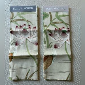 Two Schumacher Floral Fabric Swatches. Lotus Garden in Parchment